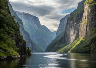 Serene fjord landscape with majestic mountains and lush greenery