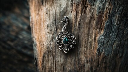 Unique nose pin crafted from oxidized silver featuring a small peacock design with subtle gemstone...