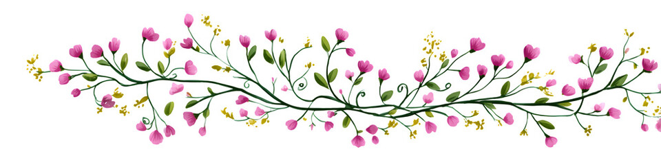 Whimsical Botanical Vine Divider with Tiny Blossoms and Curling Tendrils – Hand-Drawn Vector Illustration in Soft Color Palette, Transparent PNG for Wedding Stationery, Invitations, and Social Media G