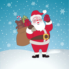 Flat vector illustration in children's style. Cute Santa Claus holding a sack with gifts. 