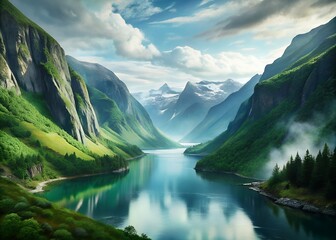 Serene fjord landscape with majestic mountains and lush green hills