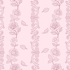 Seamless floral pattern with hand-drawn roses, leaves, and vintage scroll ornaments in soft pink tones. elegant engraving style design perfect for wallpaper, textile prints, wrapping paper, romantic