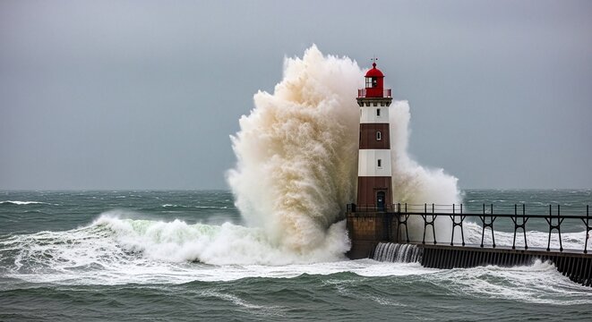 Lighthouse battered by huge storm waves
