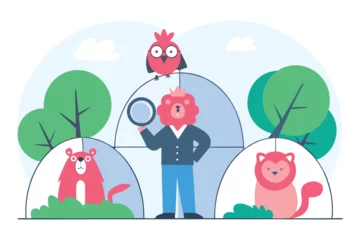  Animal-like metaphors for roles (e.g. lion   CEO, owl   analyst, squirrel   developer) in a roundish, cartoon zoo scene © Design Mart