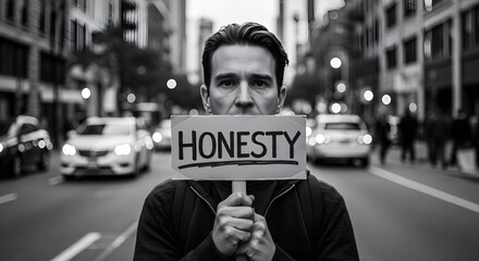 Man Holding "Honesty" Sign in City Street - Black and White 