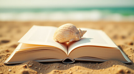 Open Book on Beach Sand with Seashell. Summer Reading Concept