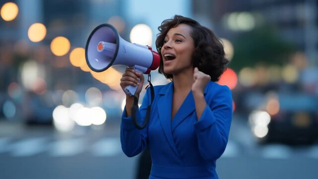 Woman Speaking Through Megaphone in City Street at Night