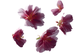 Delicate pink flowers dance gracefully in a soft, ethereal display. Petals scattered across the scene capture the ephemeral beauty of springtime blossoms.