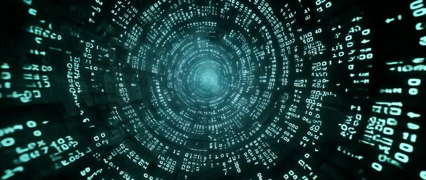 Data tunnel vortex with digital matrix flow and spinning code tunnel, data tunnel vortex visualization in cyber network, data tunnel vortex motion design for tech environments