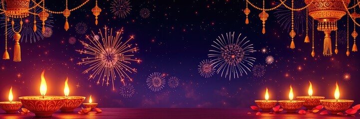 Diwali Festival Celebration with Traditional Oil Lamps and Festive Lights Decoration
