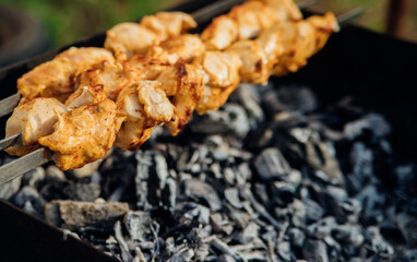 Fresh meat for barbecue, fried on fire. Selective focus. Cooking barbecue on the grill with smoke. Picnic in nature. Healthy food and proper nutrition.