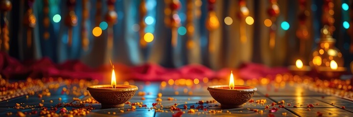 Diwali Festival Celebration with Traditional Oil Lamps and Festive Lights Decoration