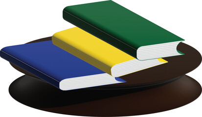 A Stack of Three Colorful Books Resting Elegantly on a Dark Circular Stand, Representing Knowledge and Education.