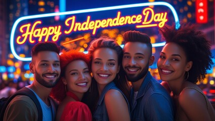 Group of friends smiling with a glowing neon “Happy Independence Day” sign behind them, nighttime urban background