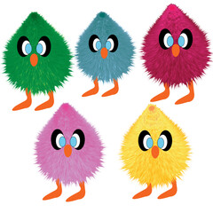 A delightful collection of five fluffy, whimsical chick-like plush toys in assorted vibrant colors, perfect for children's play or as adorable room decorations.