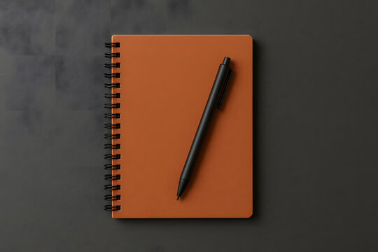 Brown spiral notebook and black pen on dark gray background