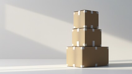 Three stacked cardboard boxes in a sunlit room minimalist packaging concept