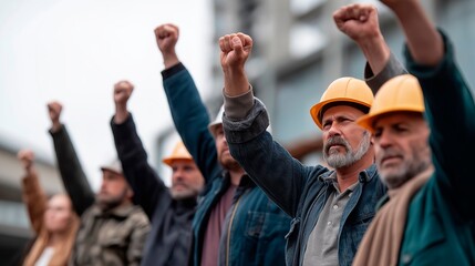 Group of Industrial Workers Protesting with Raised Fists – Labor Rights, Unity, Blue-Collar Solidarity, Activism, Social Justice, Power of the People
