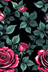 Roses on black background cartoonish seamless pattern
