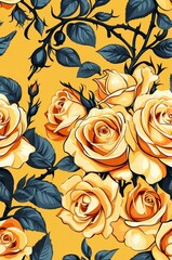 Roses on yellow background cartoonish seamless pattern
