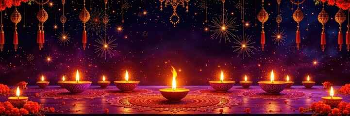 Diwali Festival Celebration with Traditional Oil Lamps and Festive Lights Decoration