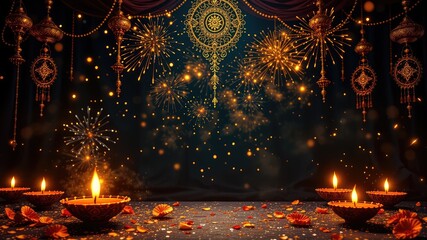 Diwali Festival Celebration with Traditional Oil Lamps and Festive Lights Decoration