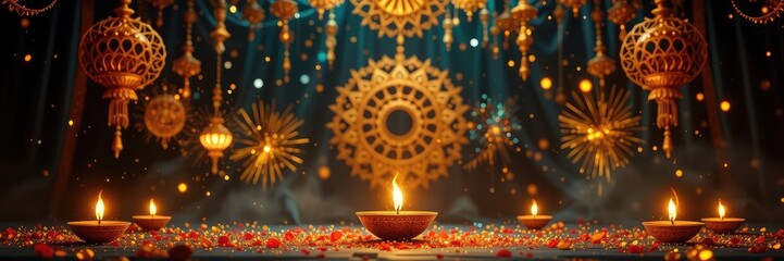 Diwali Festival Celebration with Traditional Oil Lamps and Festive Lights Decoration