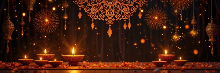 Diwali Festival Celebration with Traditional Oil Lamps and Festive Lights Decoration