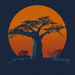 Silhouette of an African baobab tree against the background of a sunset, vector illustration