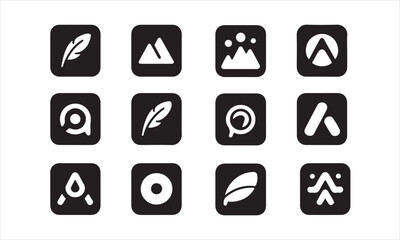 Collection of Flat Icons in Black and White, A grid of 16 simple, black and white icons, perfect for representing different apps, services, or concepts. vector art on white
