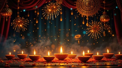 Diwali Festival Celebration with Traditional Oil Lamps and Festive Lights Decoration