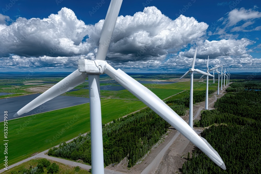 Poster wind turbines stretching to the horizon under a cloudy sky, showcasing renewable energy and sustaina