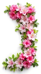 Fototapeta premium Elegant Arrangement of Pink Azalea Flowers and Green Leaves on White Background