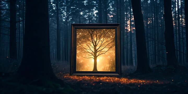 A Framed Sunrise Tree in a Dark Forest