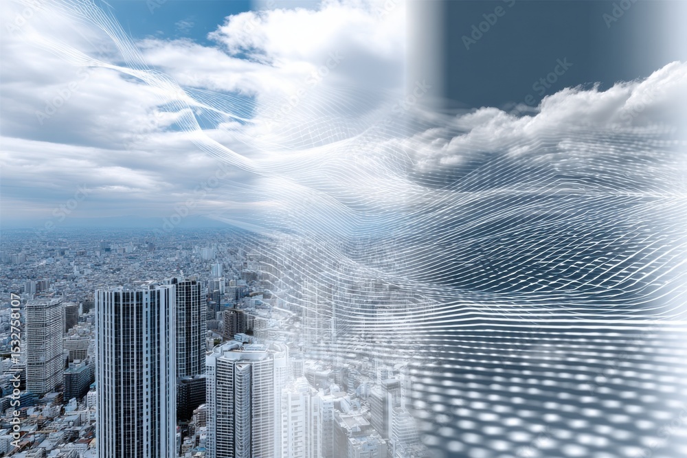 Aufkleber cityscape with digital overlay and cloudscape, emphasizing connectivity and technological advancemen