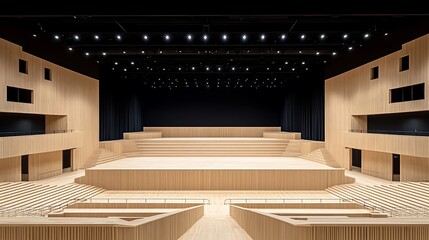 Modern concert hall interior design showcasing wooden architecture and stage lighting