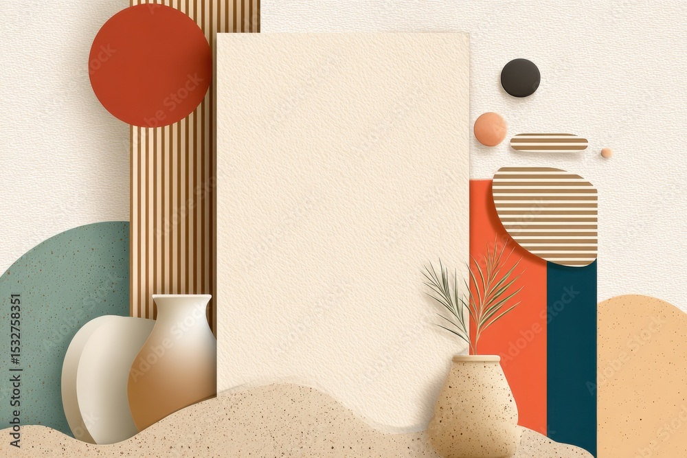 Poster Minimalist Geometric Composition With Vases and Shapes, Ideal for Branding and Product Presentation Mockups, Evoking Serenity and Modern Design : Generative AI