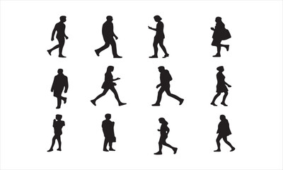 Diverse People Walking Silhouettes for Urban Scenes, A collection of black silhouette illustrations of various people walking vector art
