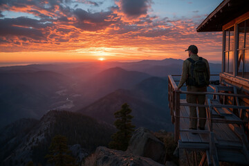 Obraz premium Fire lookout watches sunset blaze from wooden tower above quiet forest expanse