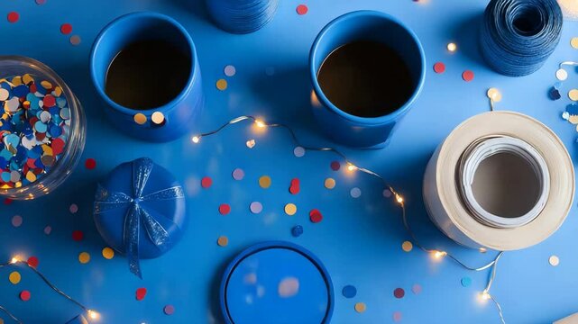 Father's Day decor with surprise custom coaster set gift surrounded by confetti, string lights and blue themed items