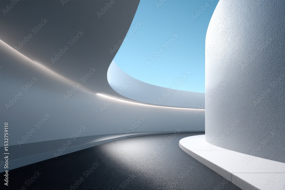 Aufkleber minimalist white curved hallway with skylight, evoking modern architecture and design innovation for