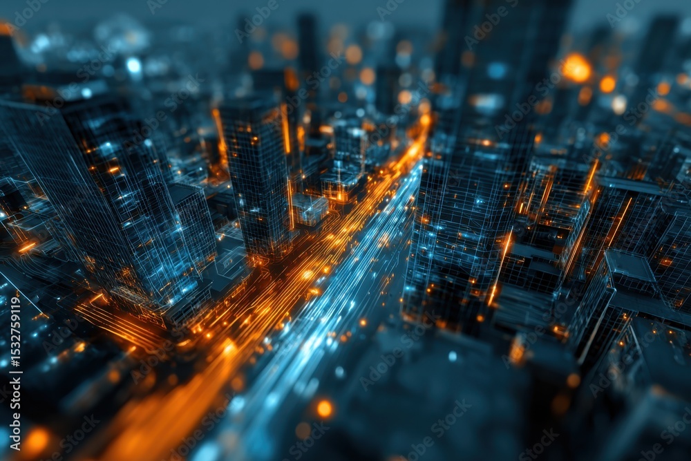 Poster Futuristic Cityscape with Glowing Lines and Tilt-Shift Effect, Representing Innovation and Technological Advancement in Urban Planning and Infrastructure : Generative AI