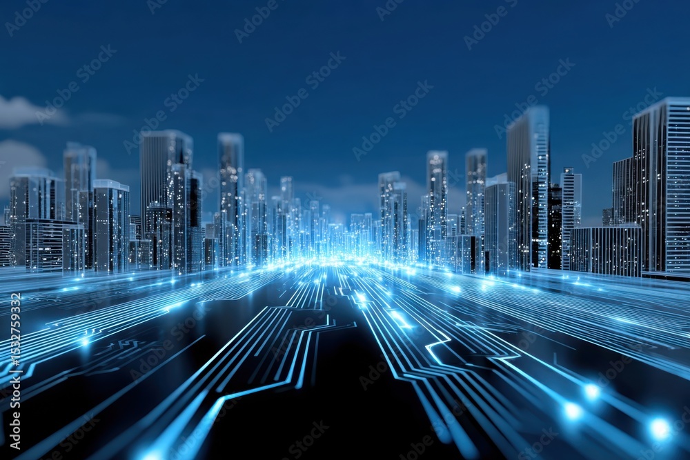 Poster futuristic cityscape with glowing circuit board roads, representing technological advancement and di