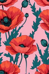 Poppies on pink background cartoonish seamless pattern