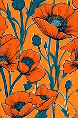 Poppies on orange background cartoonish seamless pattern