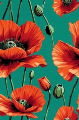 Poppies on green background cartoonish seamless pattern