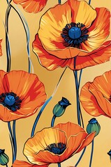 Poppies on gold background cartoonish seamless pattern