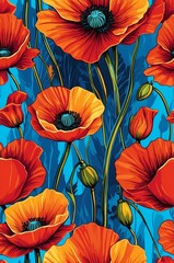 Poppies on colorful background cartoonish seamless pattern