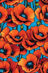 Poppies on colorful background cartoonish seamless pattern