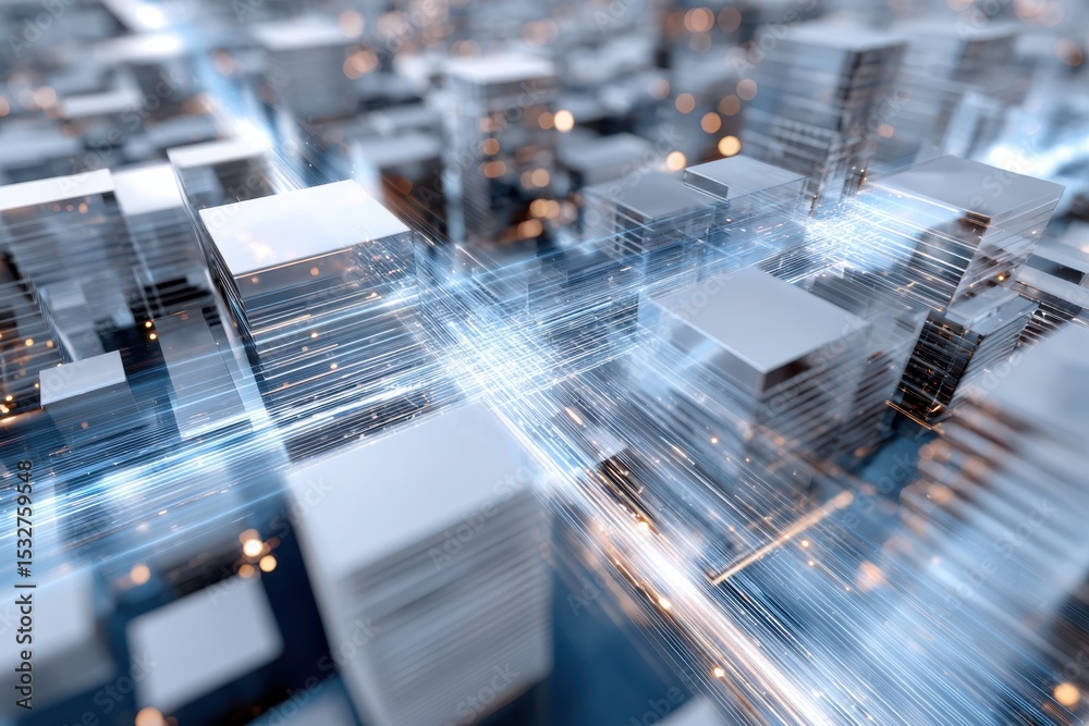 Poster abstract cityscape with glowing lines, representing digital transformation and technological innovat